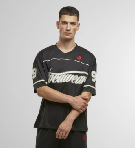 Men’s V-Neck Printed Mesh Shirt – Loose Fit, Embroidered Details, Jet Black | Stunner Mart
