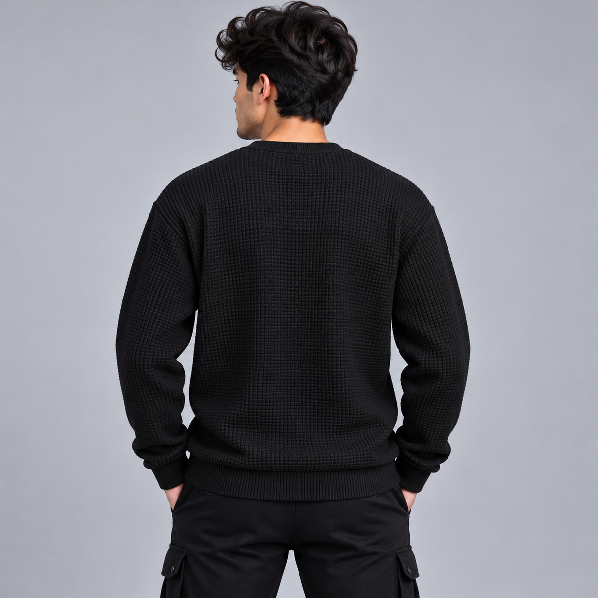 Black Waffle Knit Sweatshirt