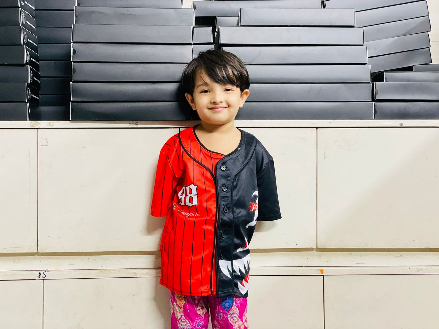 Eye catching Kids Shark Face Red & Black Pinstripe Baseball Jersey