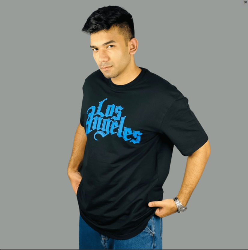 Black Drop Shoulder T-Shirt with Blue Print - 220 GSM, 100% Cotton, Exported | StunnerMart