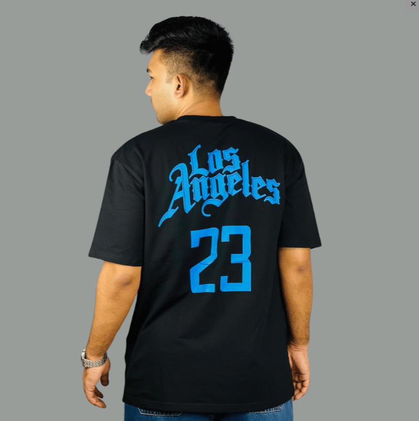 Black Drop Shoulder T-Shirt with Blue Print - 220 GSM, 100% Cotton, Exported | StunnerMart