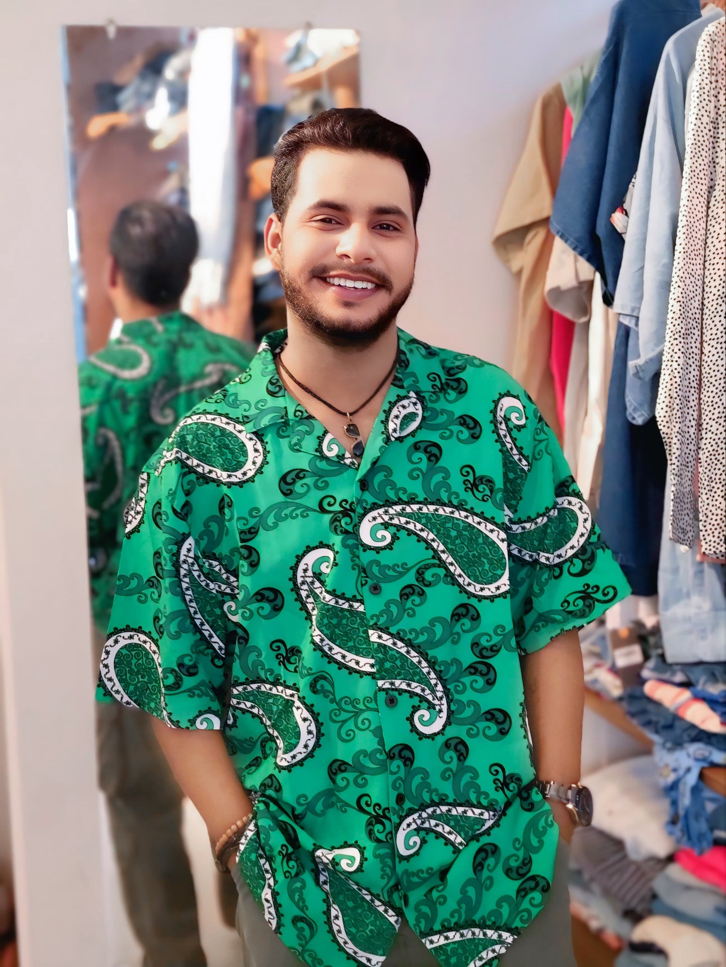 Island Breeze Green: Signature Half-Sleeve Hawaii Shirt with Printed Design