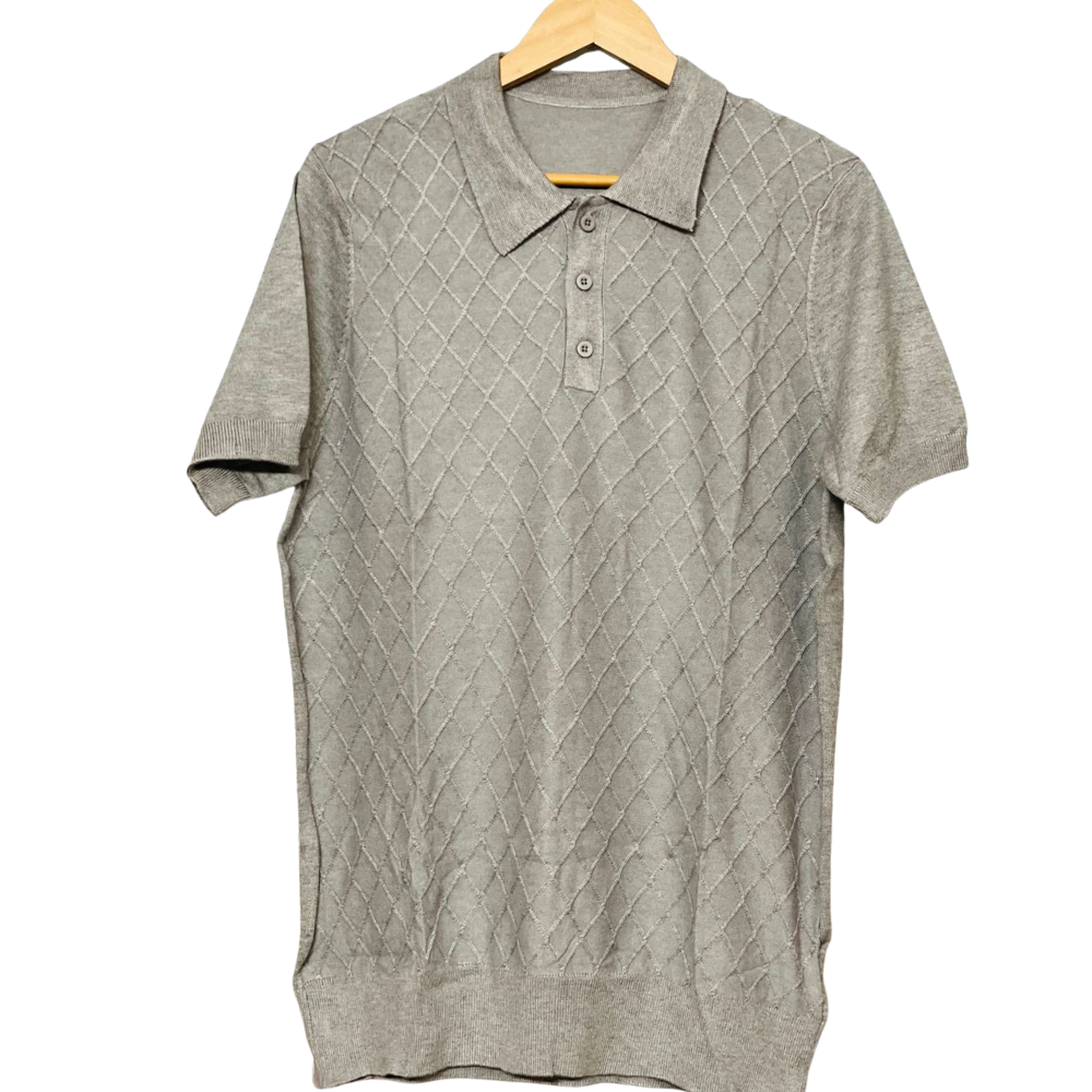 Diamond Knit Textured Polo Shirt – Classic Grey