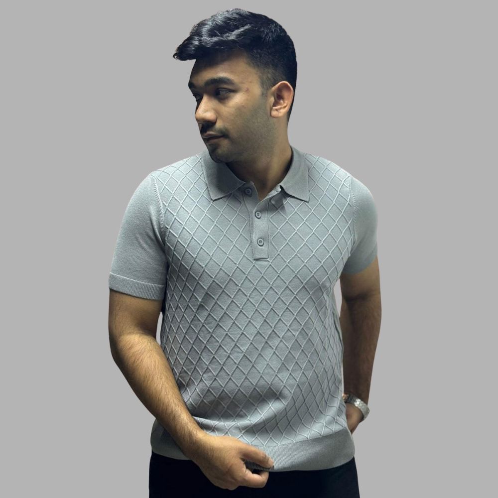 Diamond Knit Textured Polo Shirt – Classic Grey