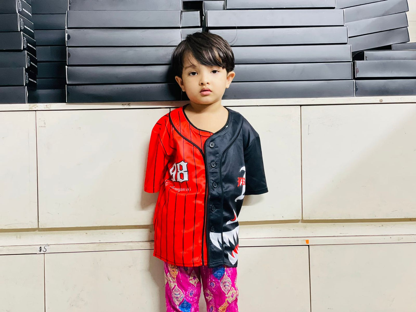 Eye catching Kids Shark Face Red & Black Pinstripe Baseball Jersey