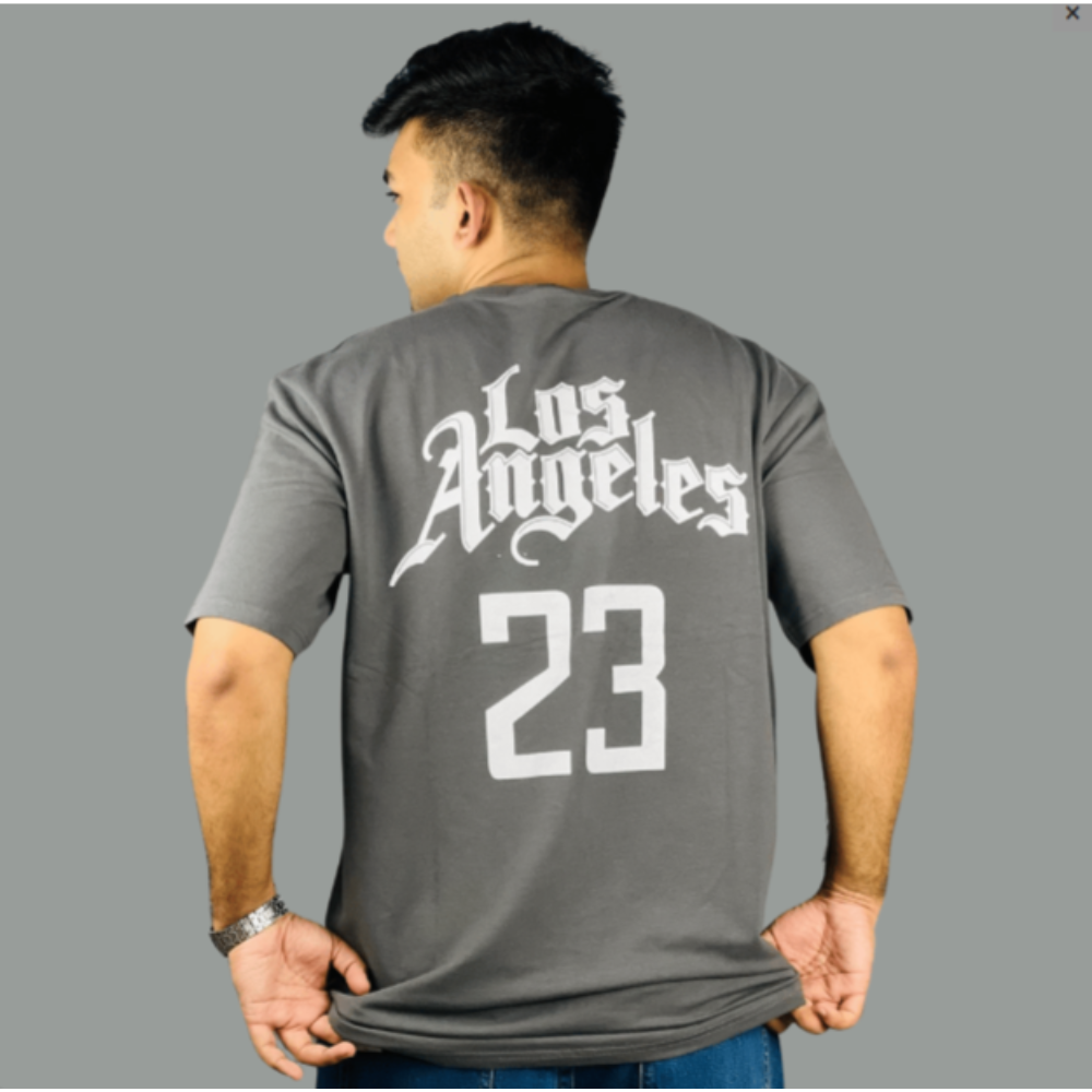 Ash Drop Shoulder T-Shirt with White Print - 220 GSM, 100% Cotton, Exported | StunnerMart