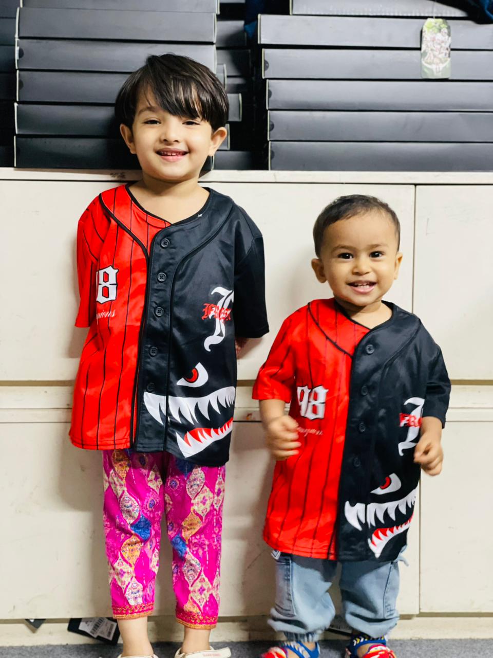 Eye catching Kids Shark Face Red & Black Pinstripe Baseball Jersey