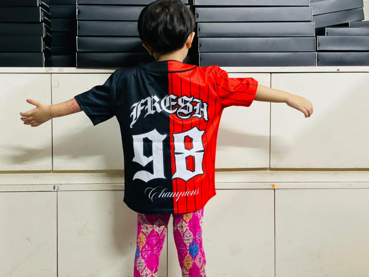 Eye catching Kids Shark Face Red & Black Pinstripe Baseball Jersey