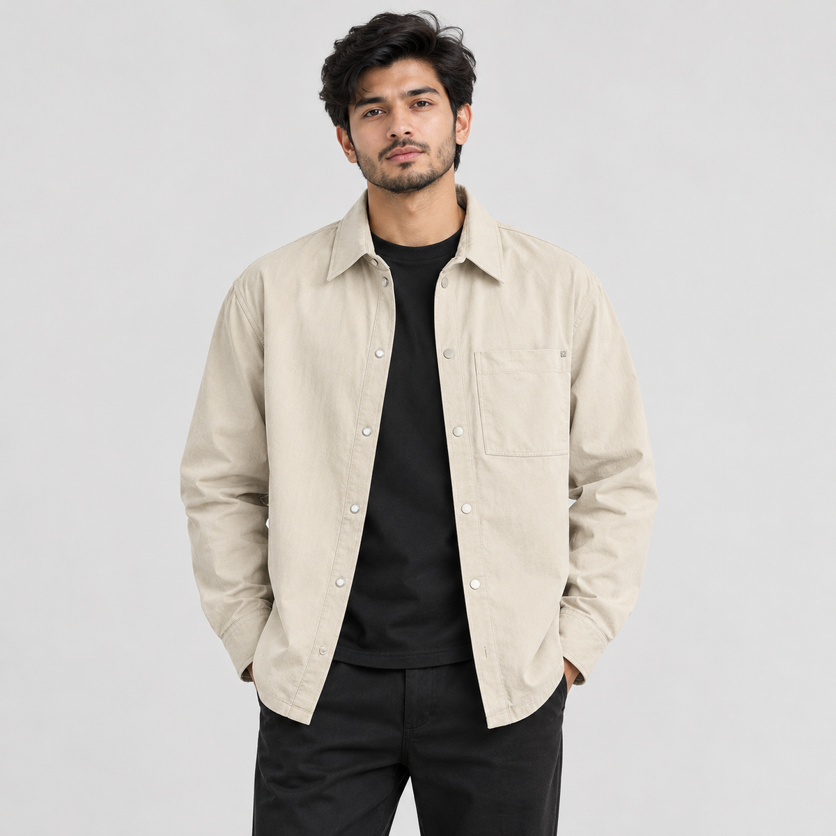 Men’s Beige Utility Overshirt Jacket – Premium Casual Wear