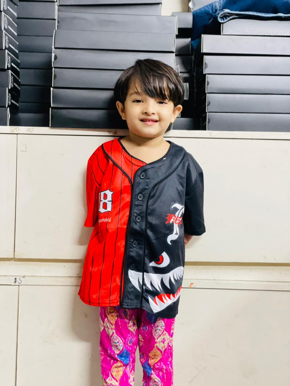 Eye catching Kids Shark Face Red & Black Pinstripe Baseball Jersey