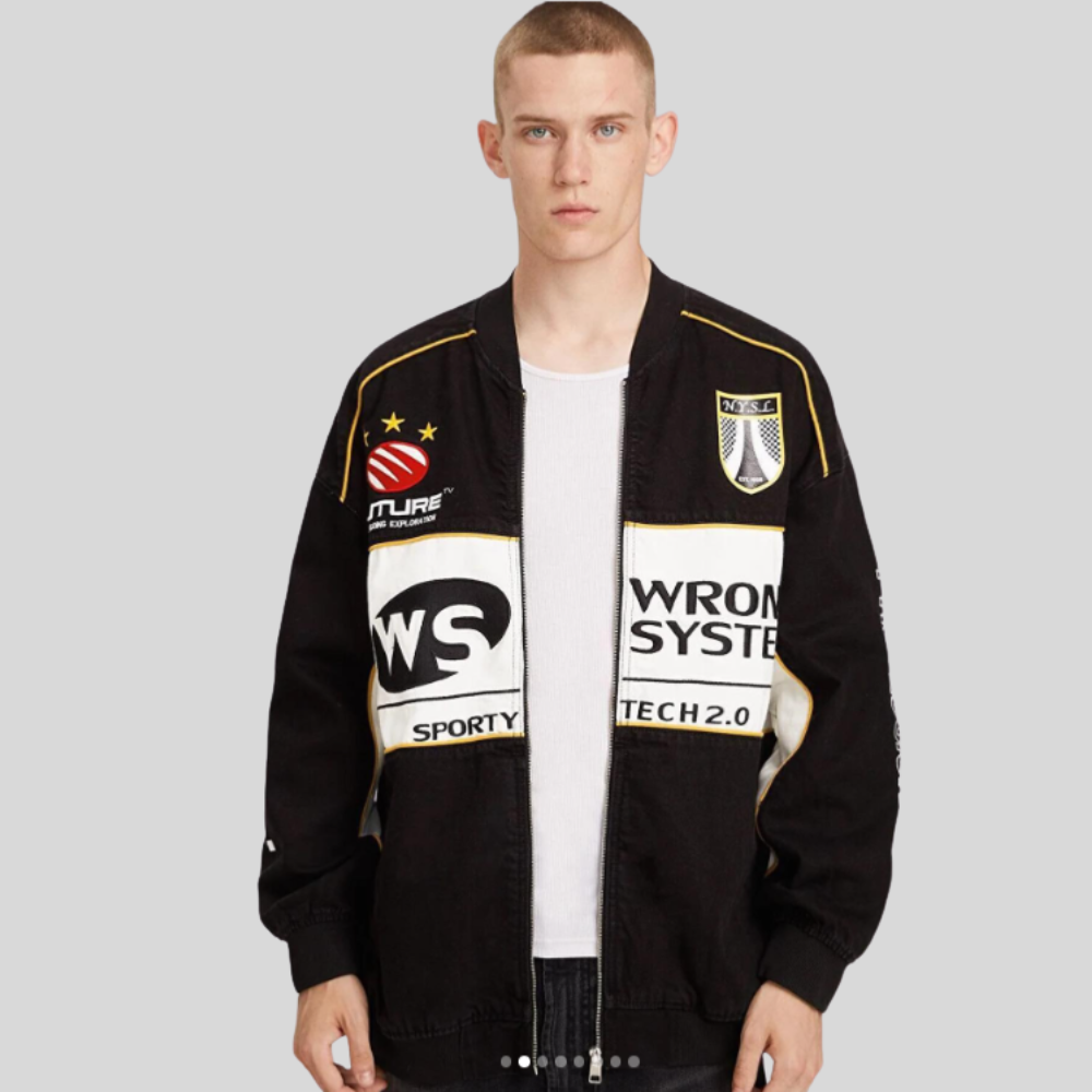 Men’s Black Denim Bomber Jacket – Bold Graphic Street Style