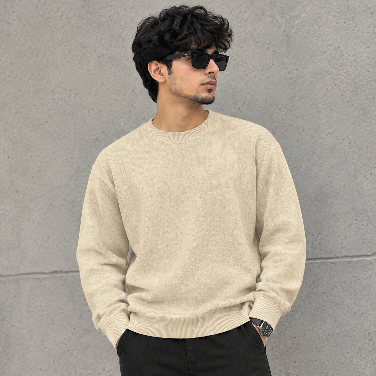 Premium Solid Knit Crewneck Sweater – Beige