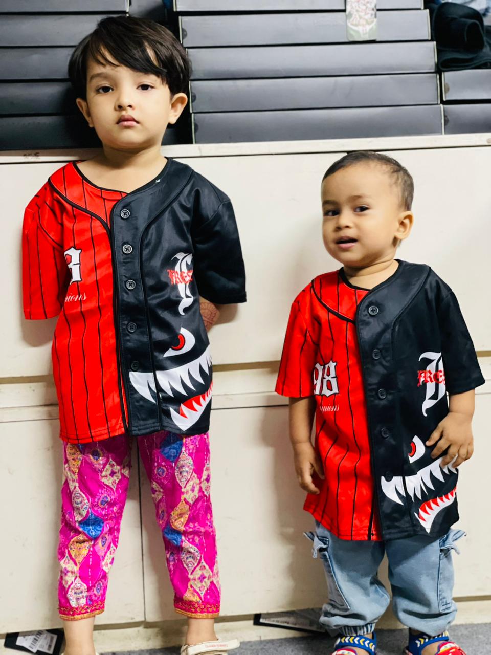 Eye catching Kids Shark Face Red & Black Pinstripe Baseball Jersey