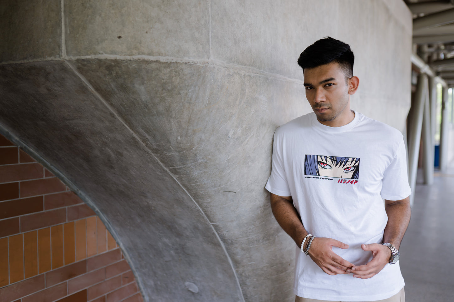 White Drop Shoulder Anime Print Tee: 100% Cotton Comfort with Anime Charm.