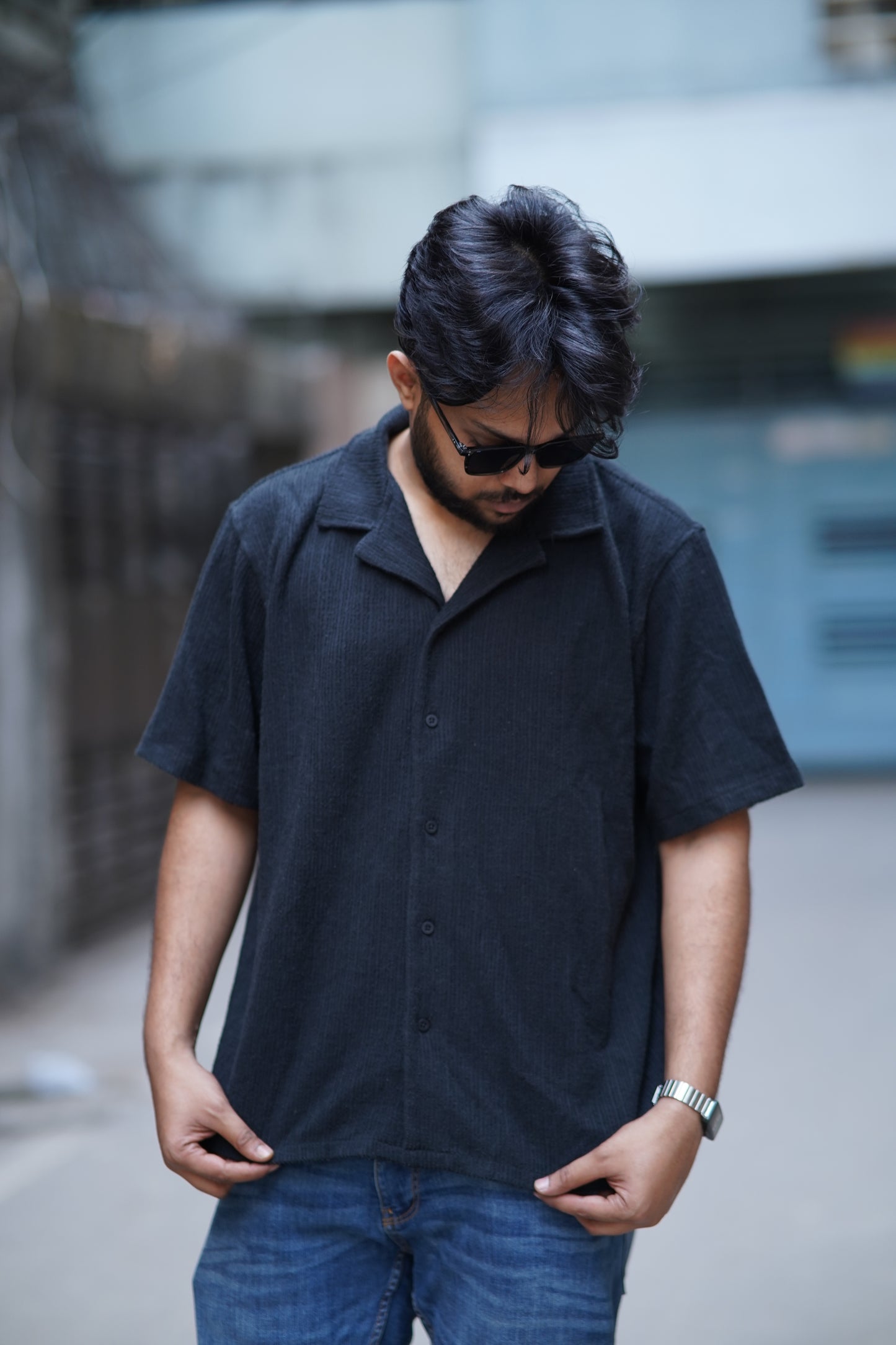 Black Remi Cotton Half Sleeve Shirt for Men