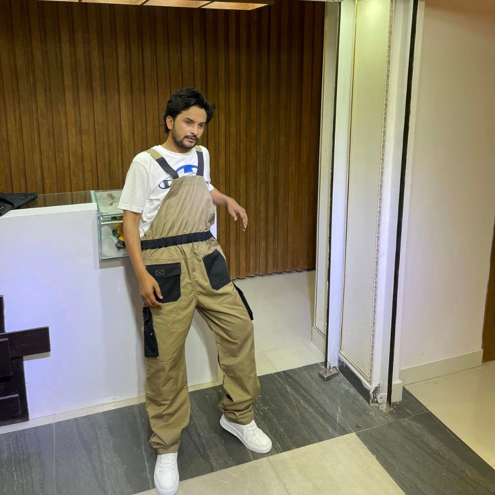 Men's Khaki Overalls with Black Utility Pockets Urban Casual Style