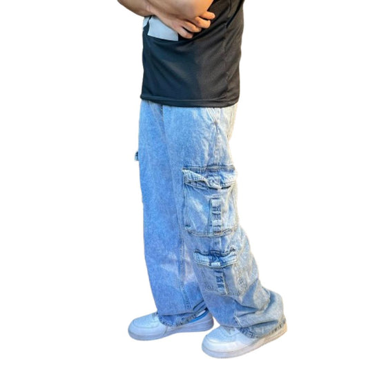 Men's Baggy Cargo Jeans - Loose Fit, Multi Pocket, Vintage Washed Denim Pant