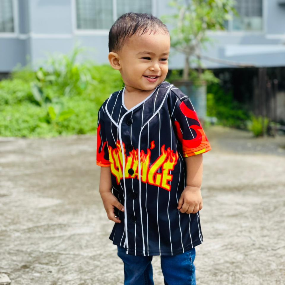 Savage Flame Print Kids Baseball Jersey – Black