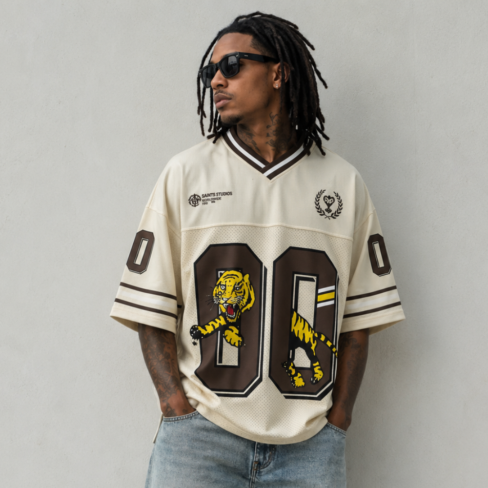 Saints Studios Tiger Graphic Oversized Soccer Jersey – Cream
