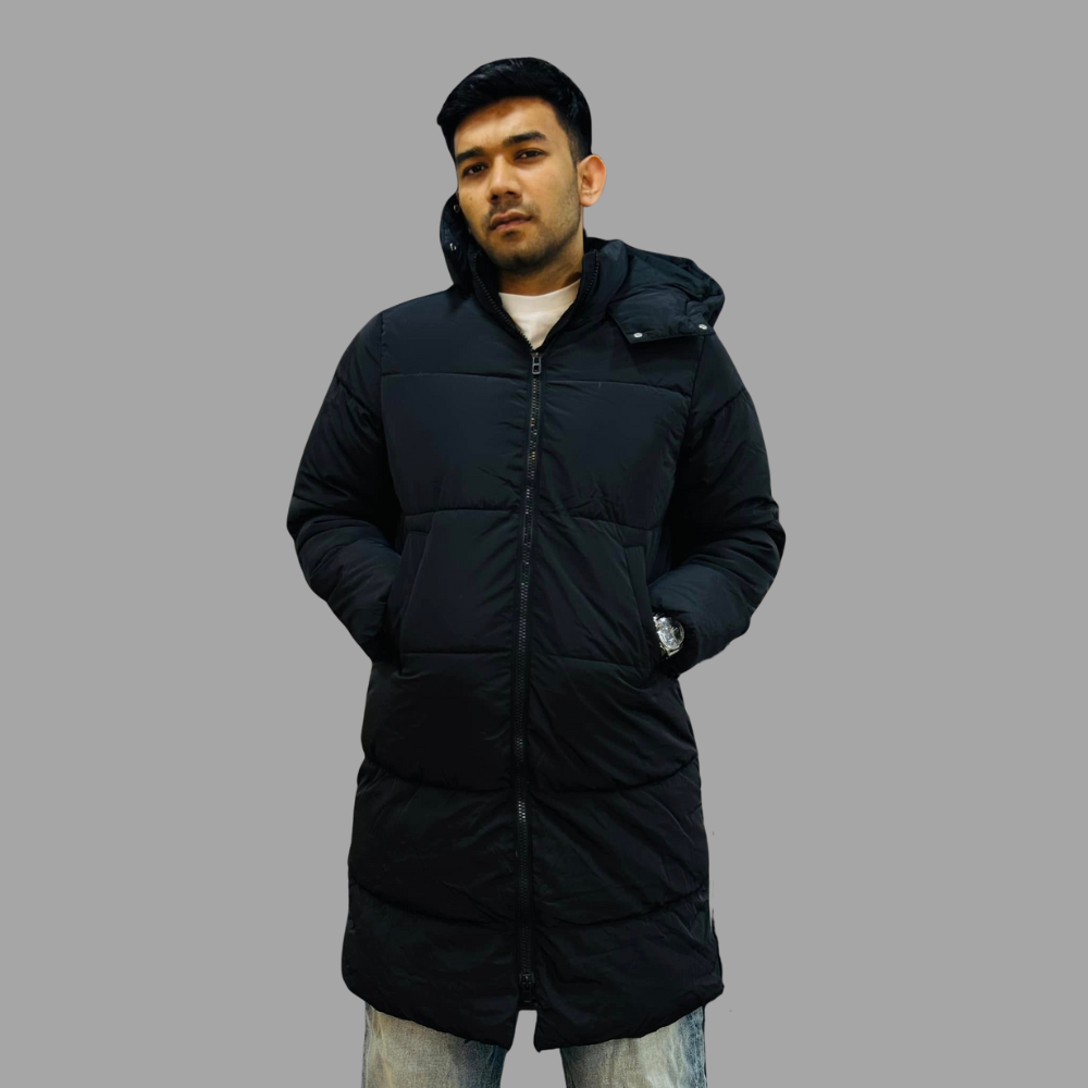 Men’s Long Winter Jacket | Stylish Black Puffer Coat for Cold Weather