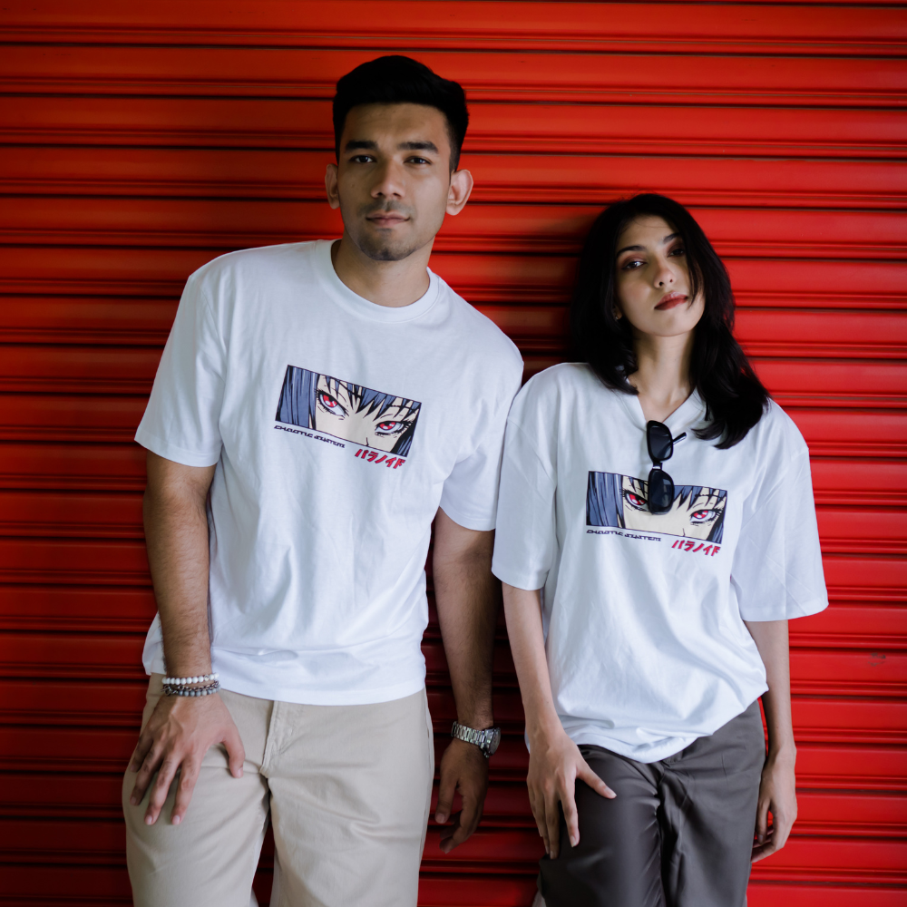 White Drop Shoulder Anime Print Tee: 100% Cotton Comfort with Anime Charm.