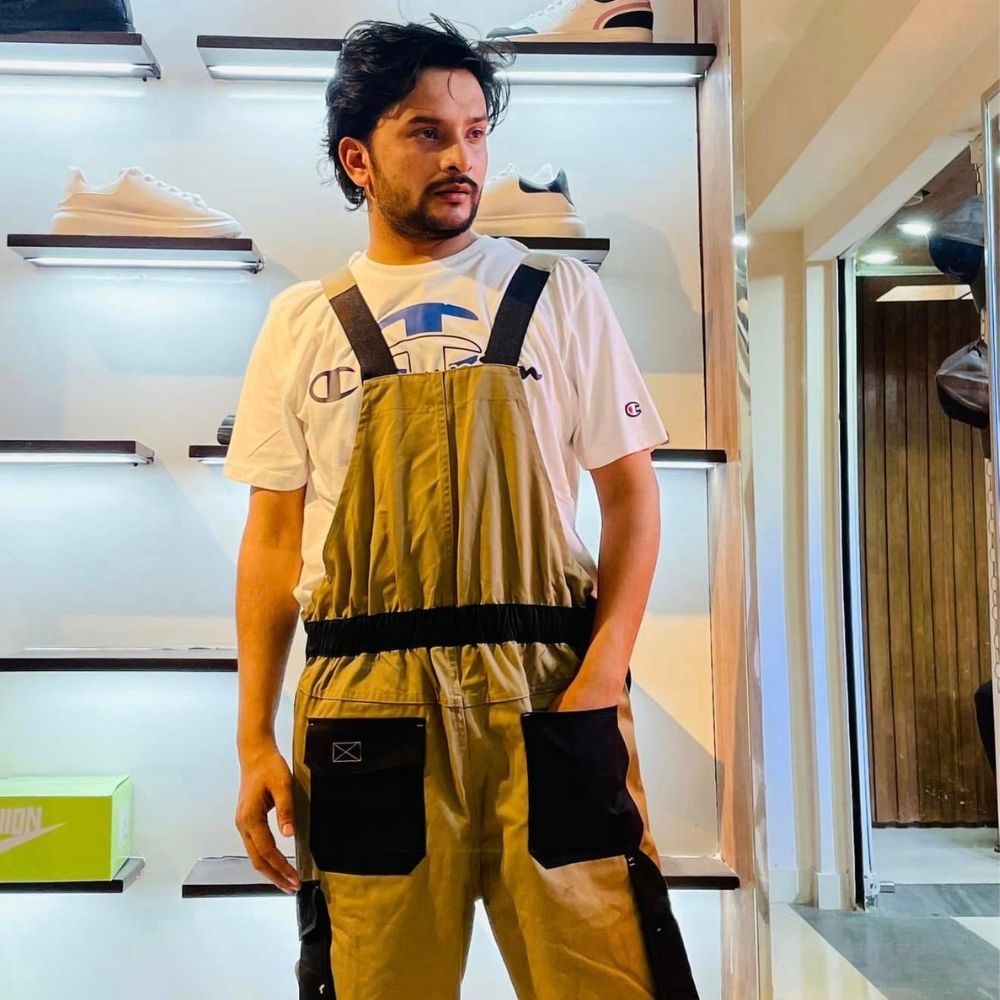 Men's Khaki Overalls with Black Utility Pockets Urban Casual Style