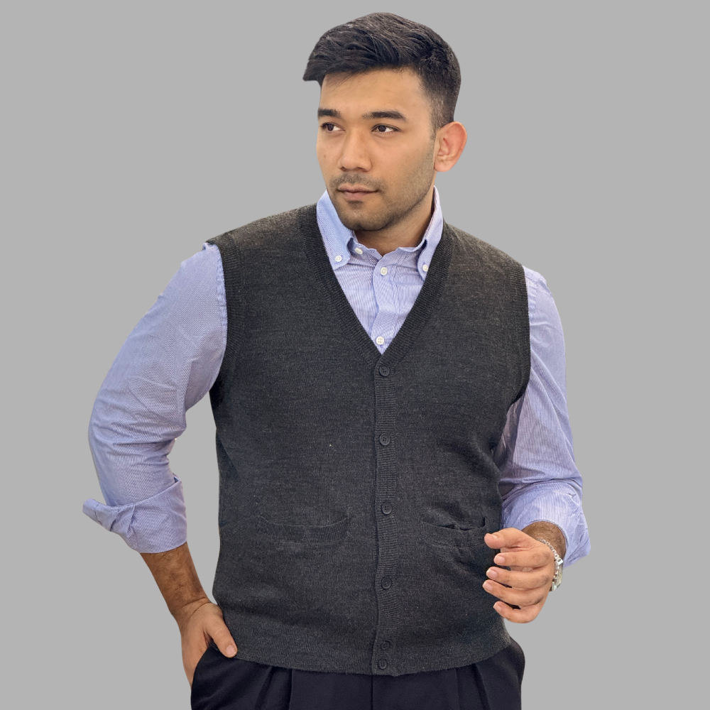 Men’s Dark Charcoal Grey Knitted Sweater Vest – Slim Fit V-Neck Button Down Cardigan