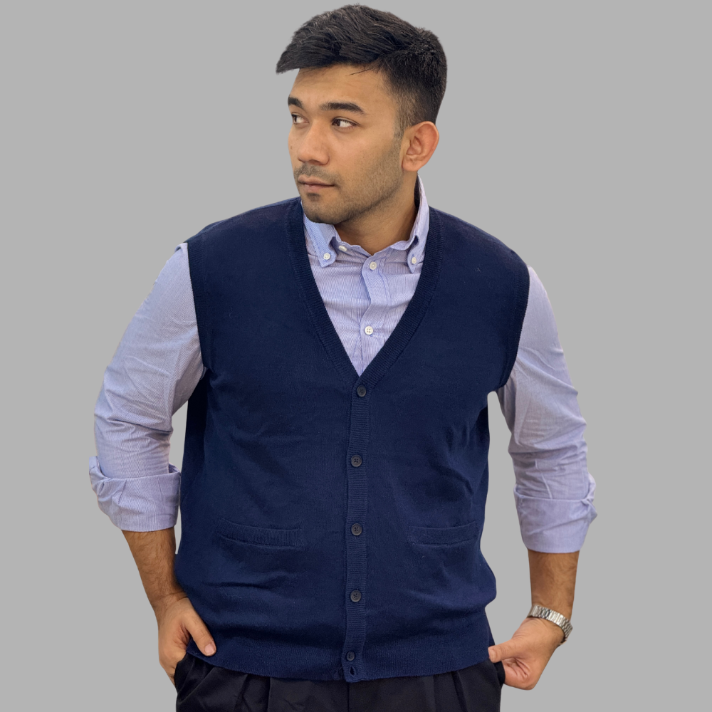 Men’s Navy Blue Knitted Sweater Vest – Slim Fit V-Neck Button-Down Cardigan
