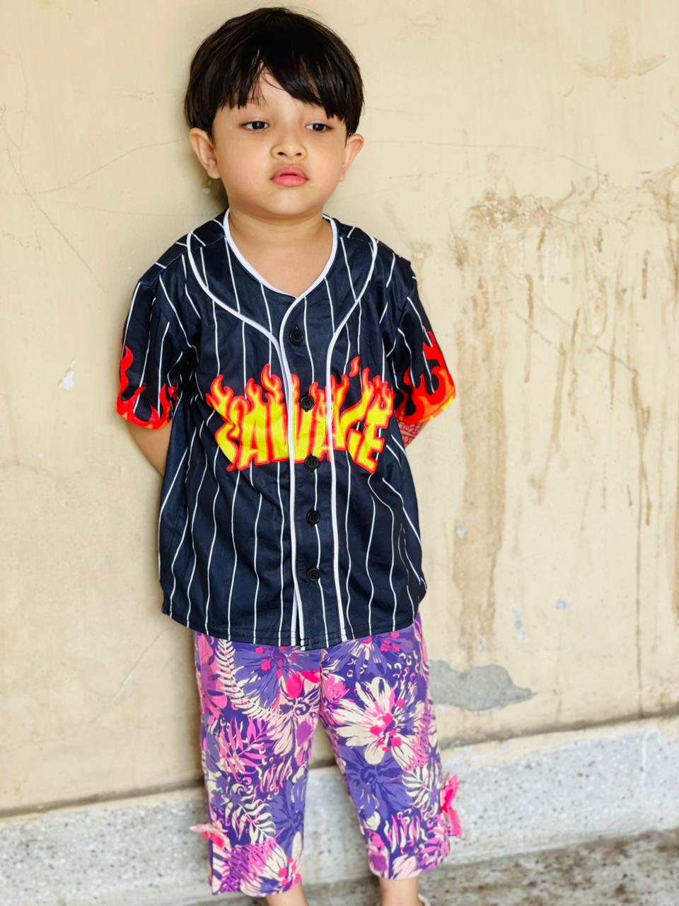 Savage Flame Print Kids Baseball Jersey – Black