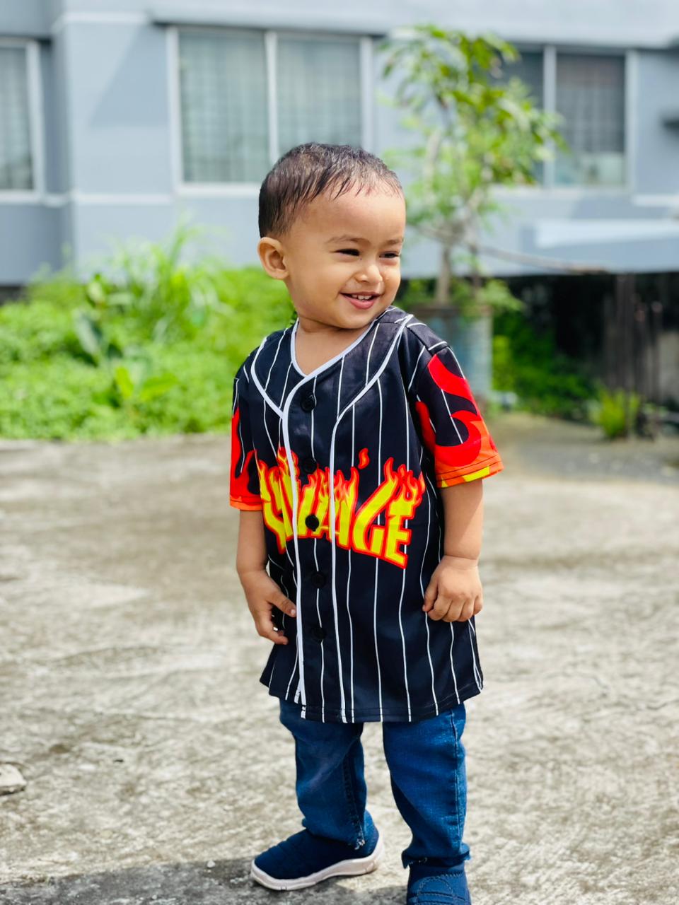 Savage Flame Print Kids Baseball Jersey – Black