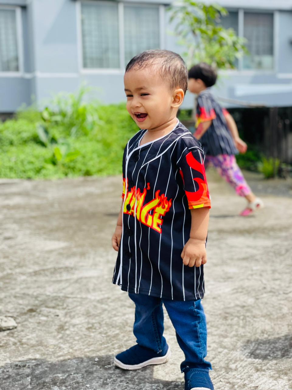 Savage Flame Print Kids Baseball Jersey – Black