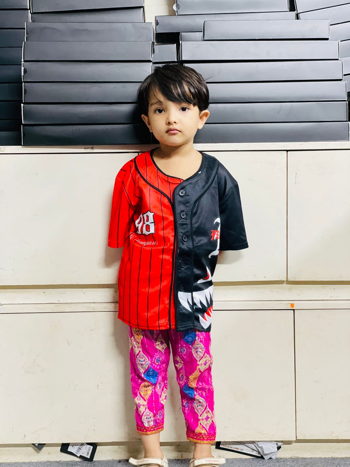 Eye catching Kids Shark Face Red & Black Pinstripe Baseball Jersey