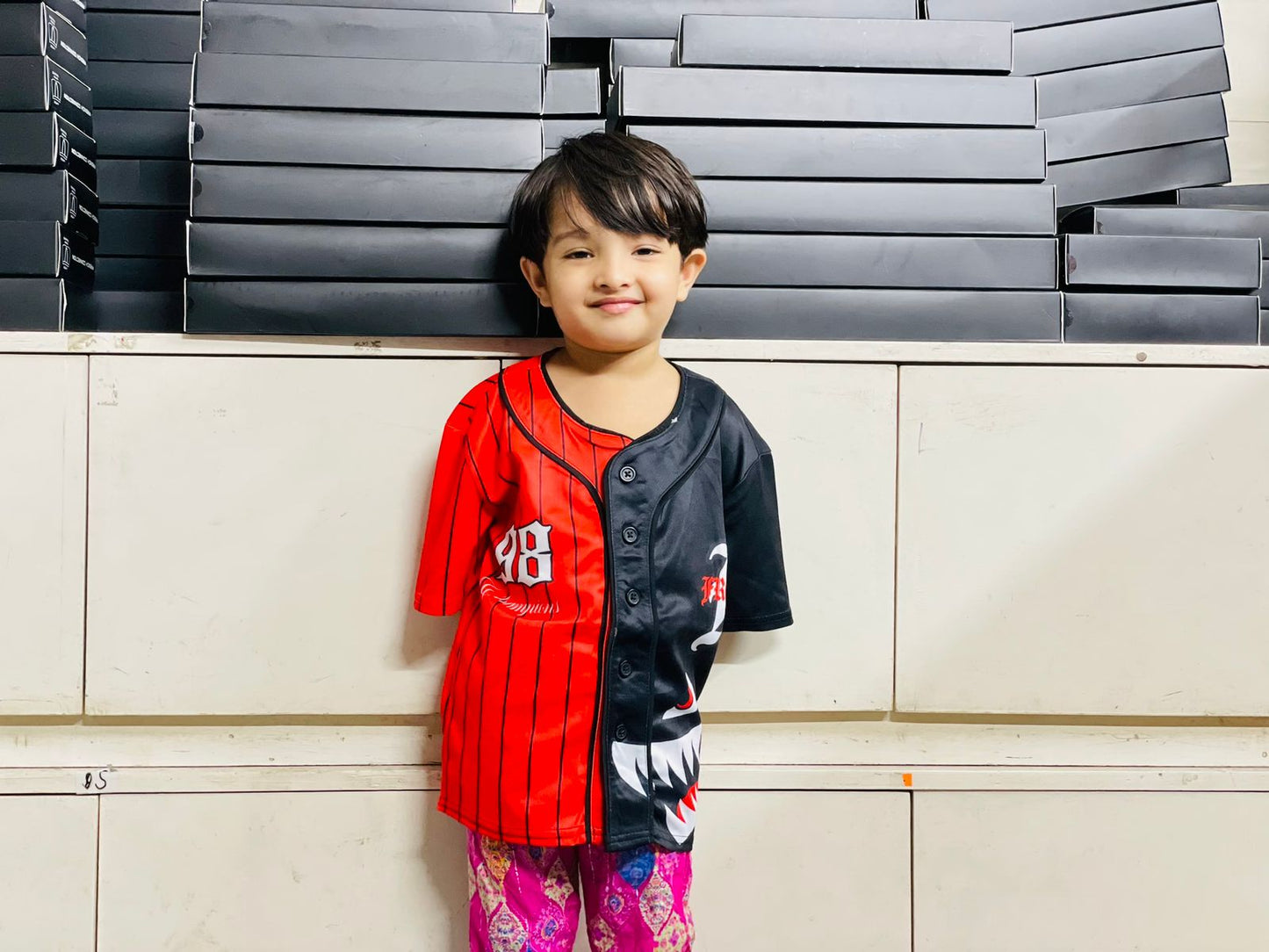Eye catching Kids Shark Face Red & Black Pinstripe Baseball Jersey