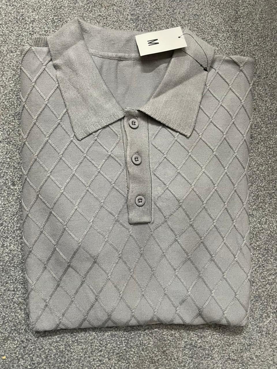 Diamond Knit Textured Polo Shirt – Classic Grey
