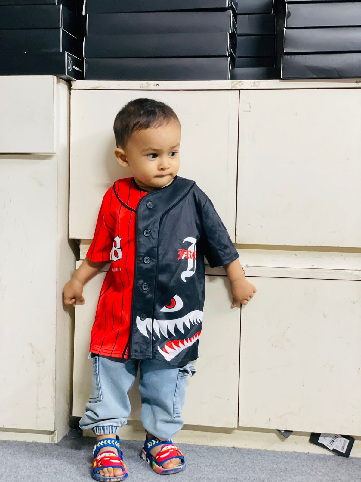 Eye catching Kids Shark Face Red & Black Pinstripe Baseball Jersey