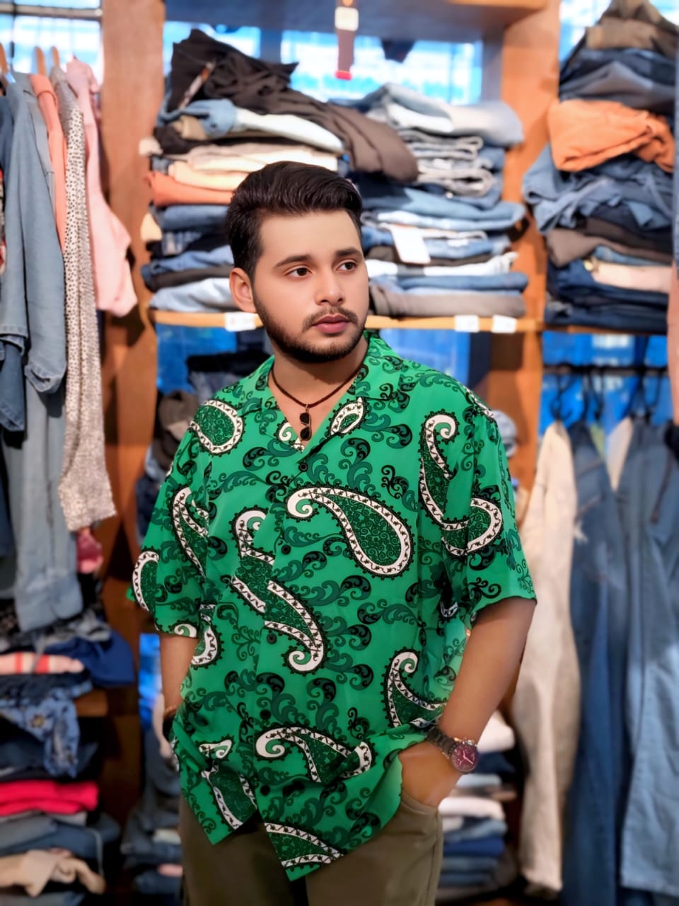 Island Breeze Green: Signature Half-Sleeve Hawaii Shirt with Printed Design