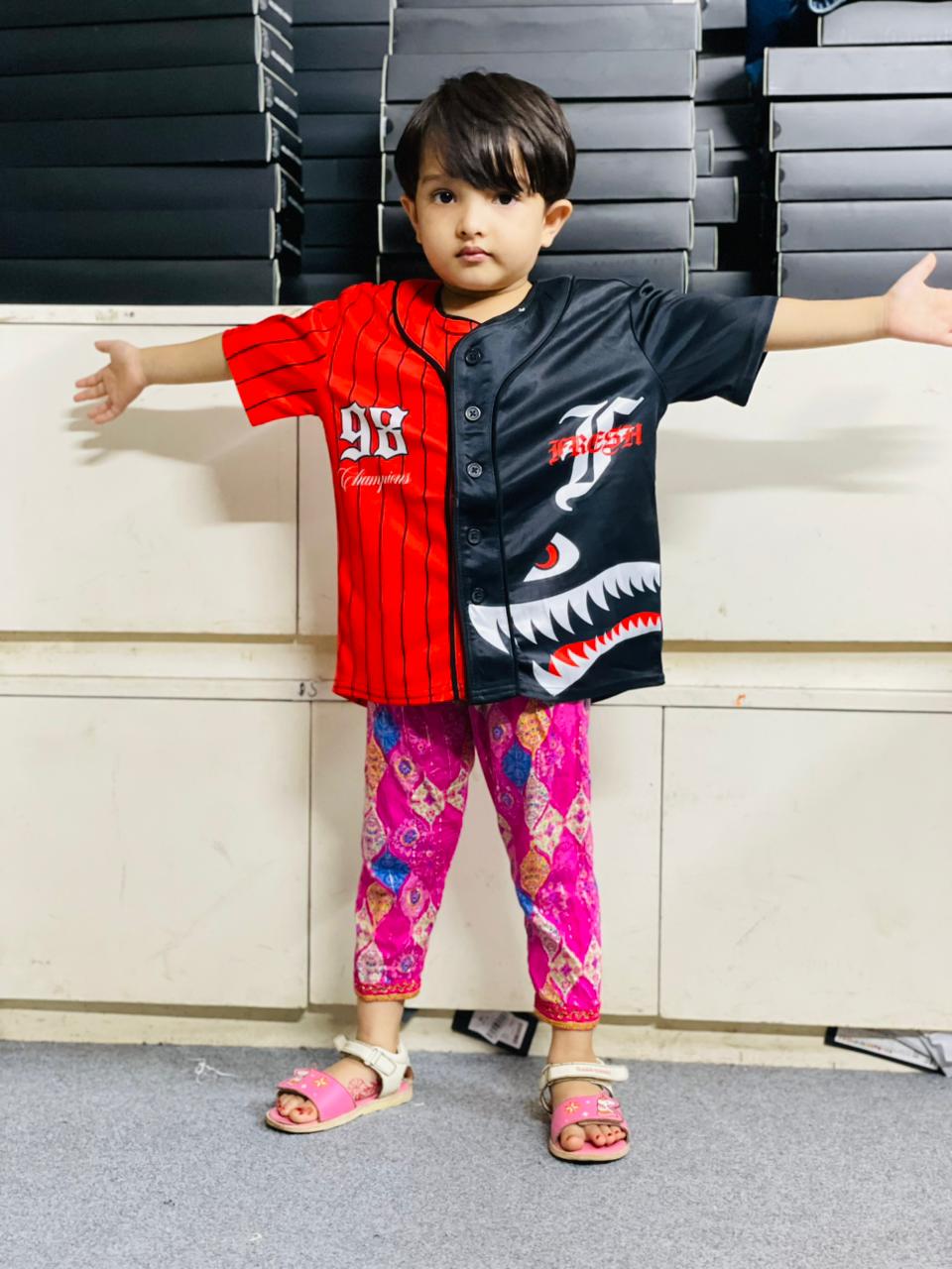 Eye catching Kids Shark Face Red & Black Pinstripe Baseball Jersey