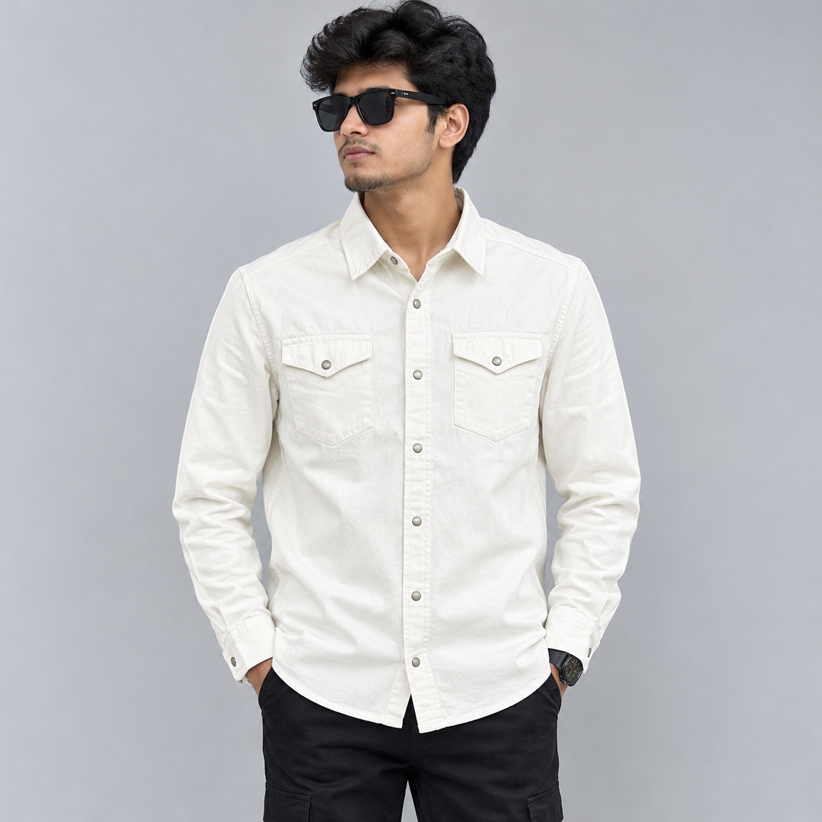 Men's Off-White Premium Winter Shirt Jacket – Snap Button Cotton Jacket | Stunner Mart