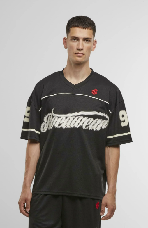 Men’s V-Neck Printed Mesh Shirt – Loose Fit, Embroidered Details, Jet Black | Stunner Mart