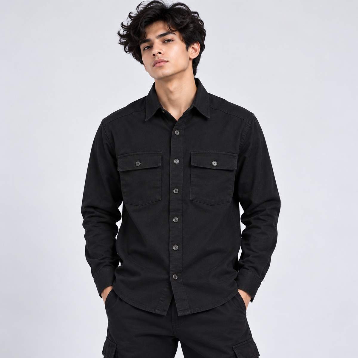 Black Double Pocket Shacket