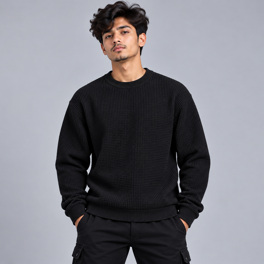 Black Waffle Knit Sweatshirt