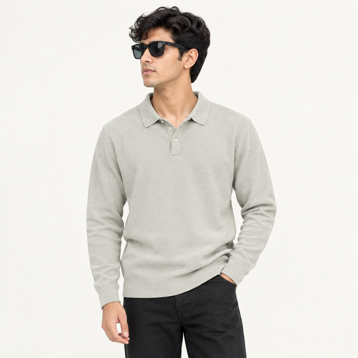 Premium Textured Knit Polo Sweater – Stone Grey