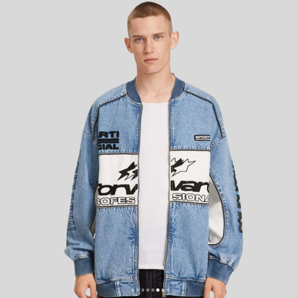 Racing Style Denim Jacket for Men – Urban Street Fashion Look