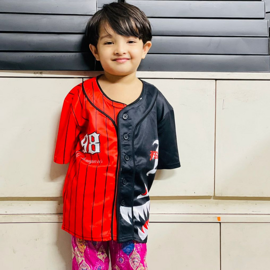 Eye catching Kids Shark Face Red & Black Pinstripe Baseball Jersey
