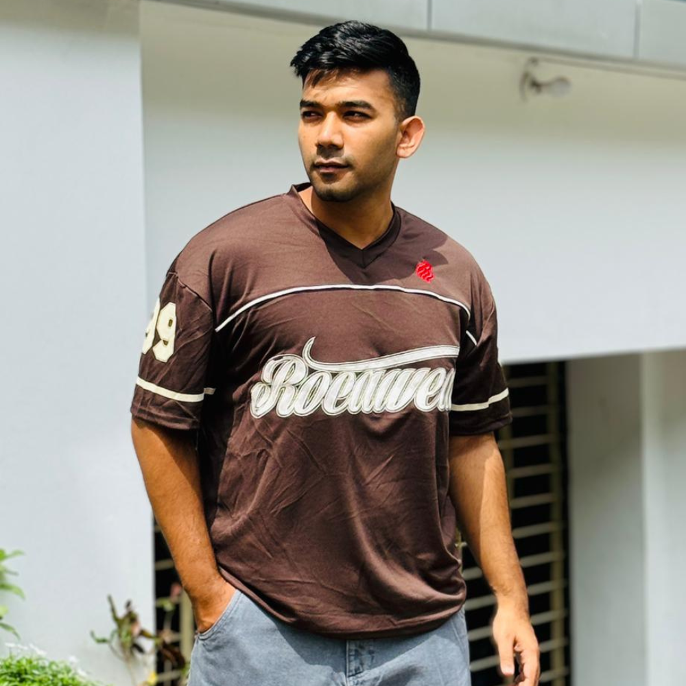 Men’s V-Neck Printed Mesh Shirt – Loose Fit, Embroidered Details, Chocolate Brown | Stunner Mart