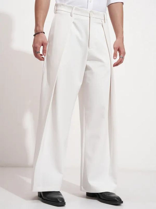 Men’s White Wide-Leg Pleated Trouser | Korean Style Oversized Pant | Premium Streetwear Fashion for Modern Look