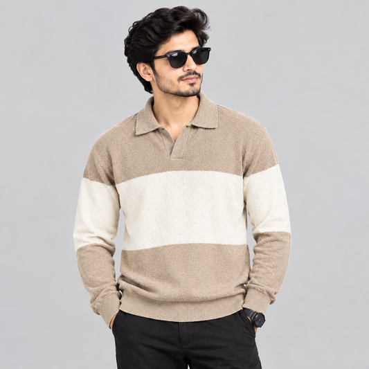 Men's Beige & Cream Color Block Knit Polo Sweater – Premium Full Sleeve Casual Wear