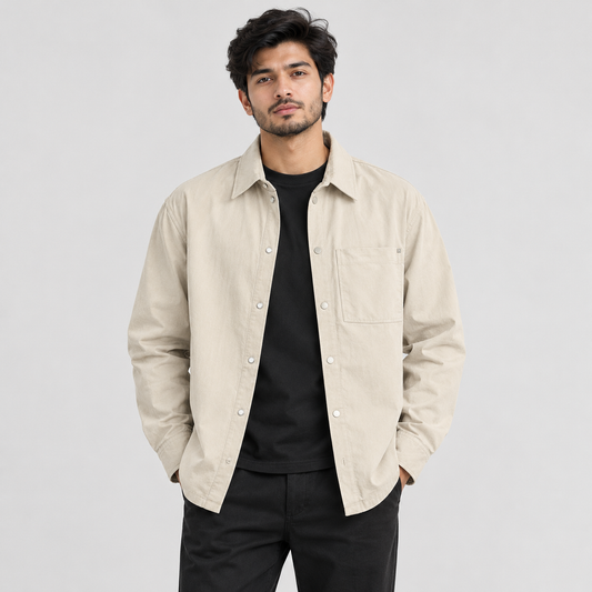 Men’s Beige Utility Overshirt Jacket – Premium Casual Wear
