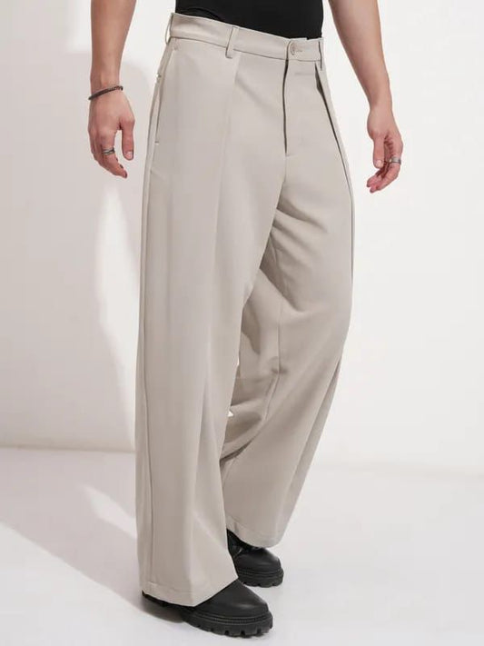Men’s Beige Wide-Leg Pleated Trouser | Korean Style Oversized Pants | Minimal Streetwear Fashion for Modern Men
