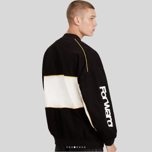 Men’s Black Denim Bomber Jacket – Bold Graphic Street Style